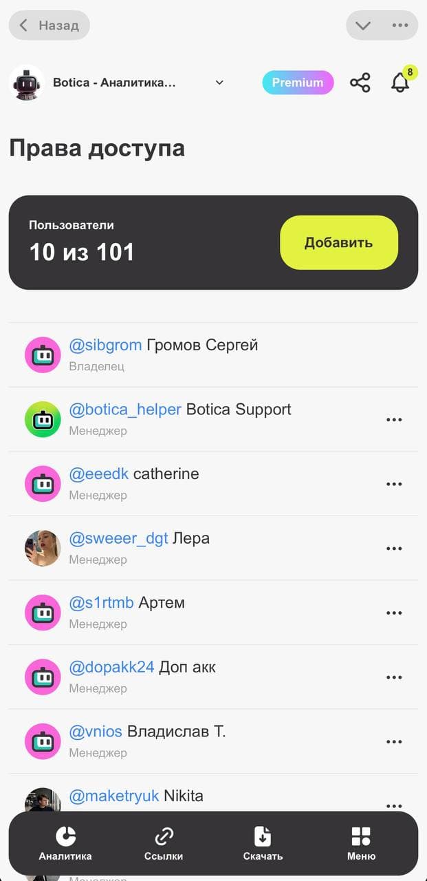 Интерфейс управления правами доступа