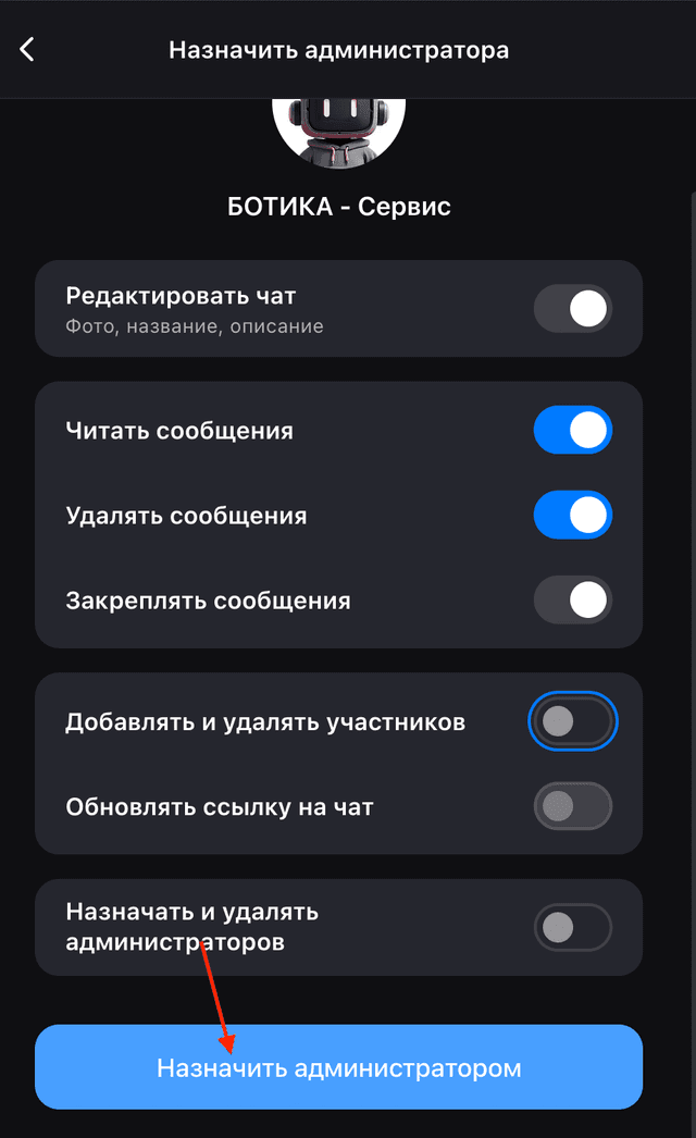 Назначение бота администратором канала